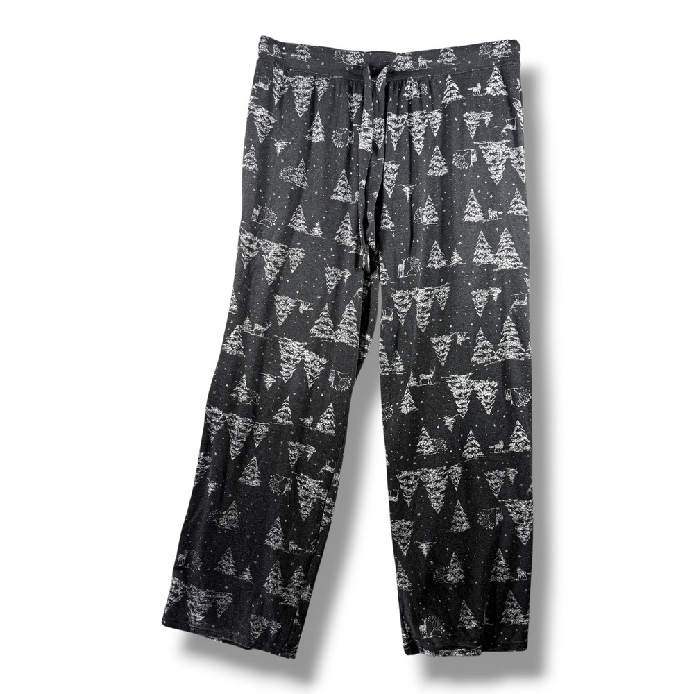 Joyspun Womens Winter Forest Pajama Pants Black White Pine Trees Wolf L 12-14